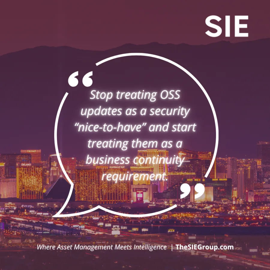 SIE Group cybersecurity quote about OSS updates with purple Las Vegas skyline - 'Stop treating OSS updates as a security nice-to-have and start treating them as a business continuity requirement.'