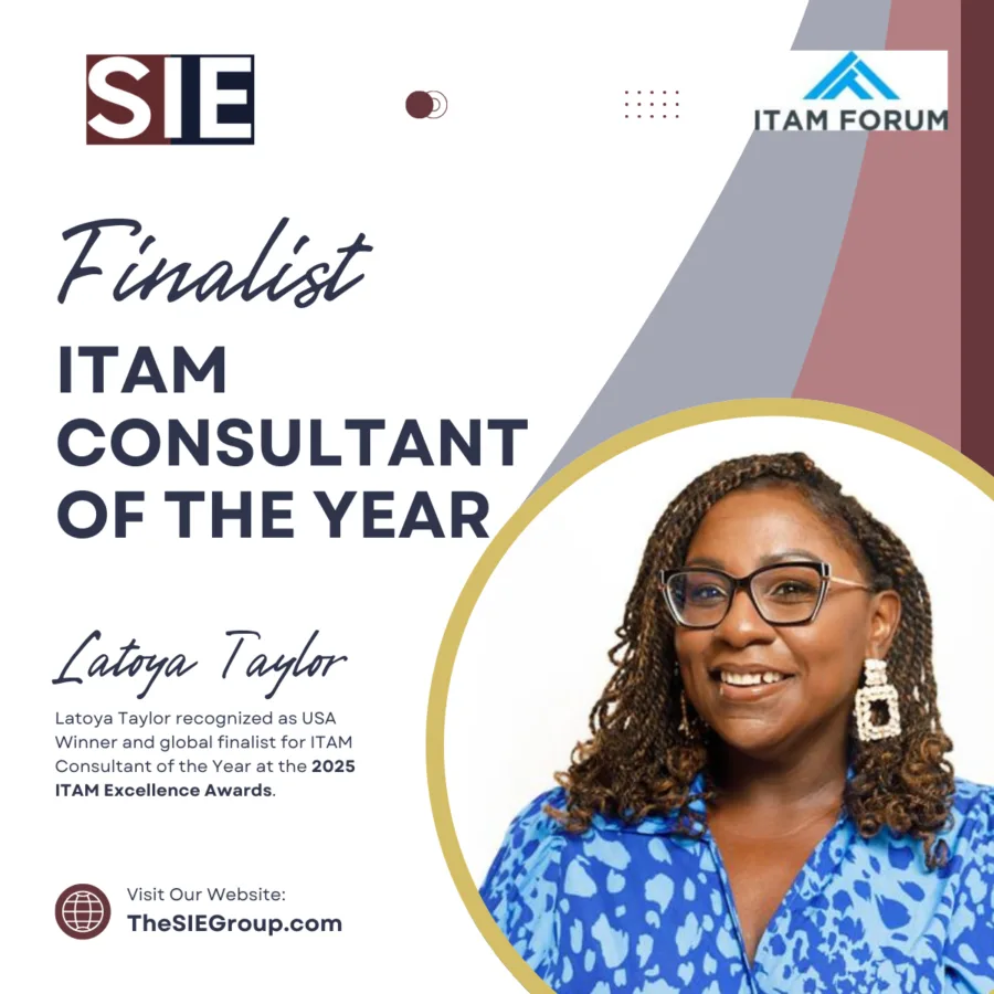Latoya Taylor, SIE Group ITAM consultant and 2025 ITAM Consultant of the Year finalist, professional headshot with ITAM Forum Excellence Awards graphic