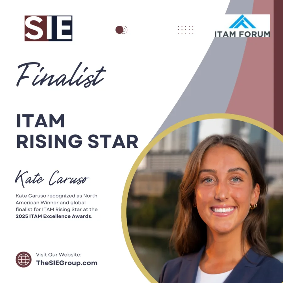 Kate Caruso, SIE Group ITAM professional and 2025 ITAM Rising Star finalist, smiling in professional headshot with ITAM Forum award recognition graphic.